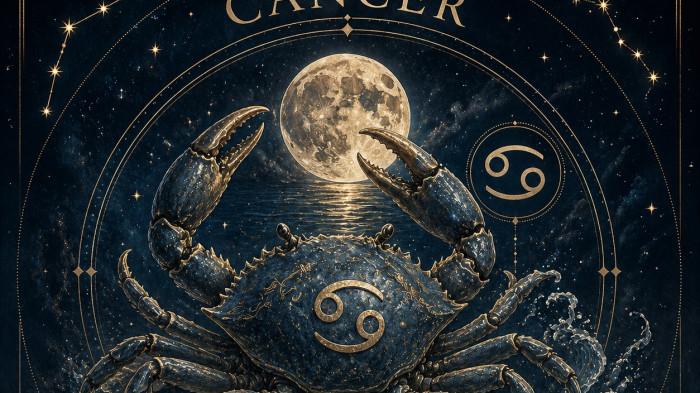 Ilustrasi zodiak Cancer: simbol kepiting yang melambangkan sifat intuitif, penuh empati, serta protektif terhadap orang-orang terdekat.