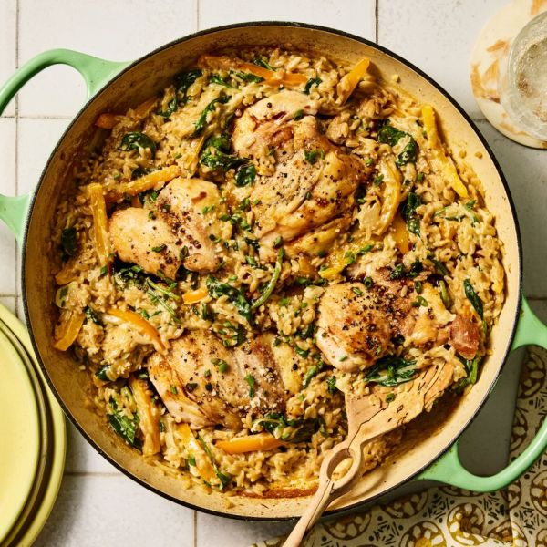 Recipe image of High-Protein Balsamic Chicken Orzo. Credit: Photographer: Morgan Hunt Ward, Prop Stylist: Phoebe Hauser, Food Stylist: Emily Nabors Hall.