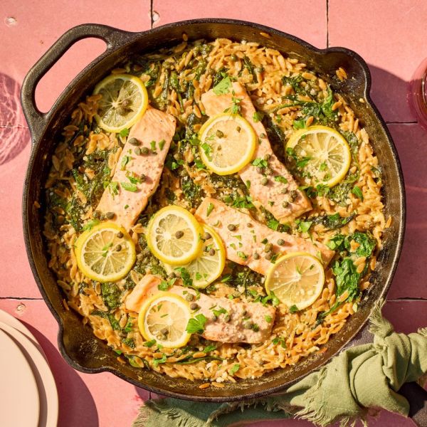 A recipe image of Salmon Piccata Casserole. Credit: Photographer: Carson Downing, Food Stylist: Annie Probst, Prop Stylist: Breanna Ghazali.