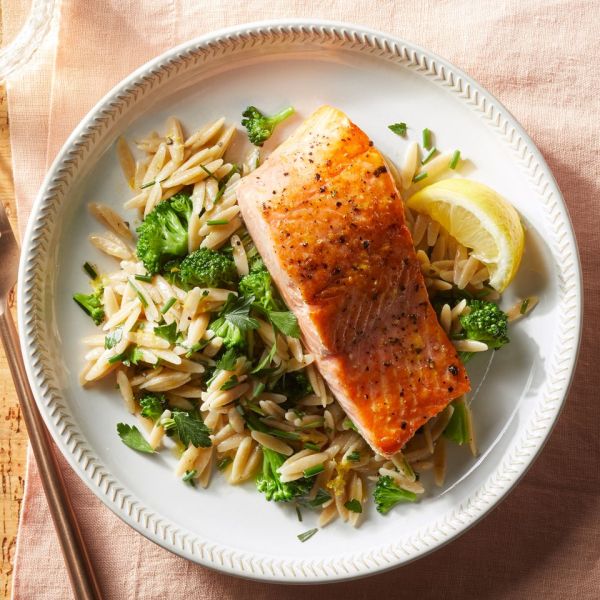 Salmon with Lemon-Herb Orzo & Broccoli Credit: Jacob Fox