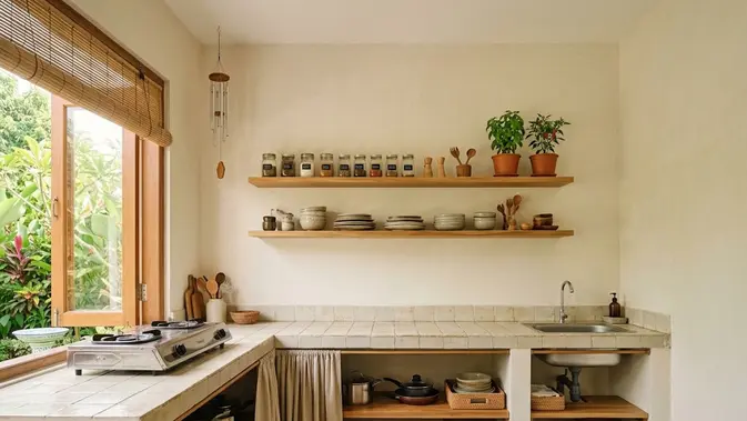 Dapur 3x2 dengan Meja Cor dan Rak Kayu/ Inspirasi Dapur Minimalis 3x2 Tanpa Kitchen Set Mahal (AI generated)