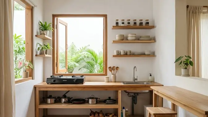 Dapur Minimalis 3x2 Bernuansa Kayu yang Hangat/ Inspirasi Dapur Minimalis 3x2 Tanpa Kitchen Set Mahal (AI generated)