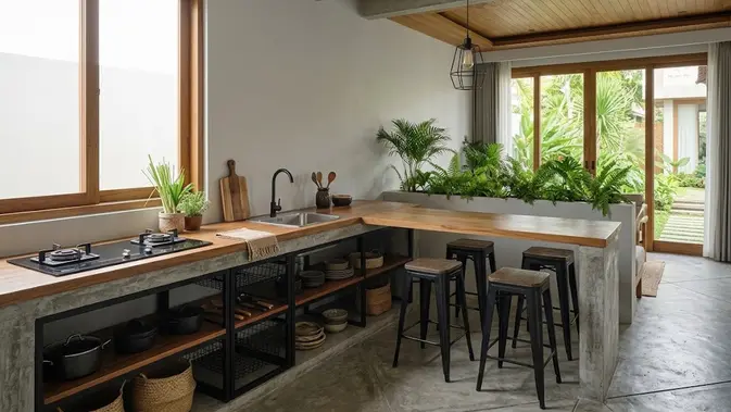 Dapur Minimalis Monokrom dengan Rak Besi/ Inspirasi Dapur Minimalis 3x2 Tanpa Kitchen Set Mahal (AI generated)