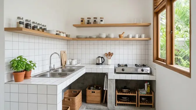 Inspirasi Dapur Minimalis 3x2 Tanpa Kitchen Set Mahal (AI generated)