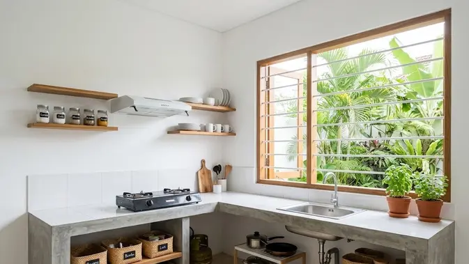 Dapur Putih Simple & Clean dengan Ambalan Terbuka/ Inspirasi Dapur Minimalis 3x2 Tanpa Kitchen Set Mahal (AI generated)