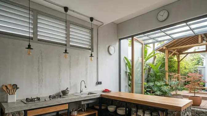 Dapur 3x2 Gaya Industrial dengan Meja Multifungsi/ Inspirasi Dapur Minimalis 3x2 Tanpa Kitchen Set Mahal (AI generated)