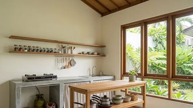 Dapur 3x2 dengan Island Storage Sederhana/ Inspirasi Dapur Minimalis 3x2 Tanpa Kitchen Set Mahal (AI generated)
