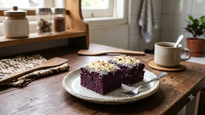 Resep brownies ubi ungu kukus. AI Generated
