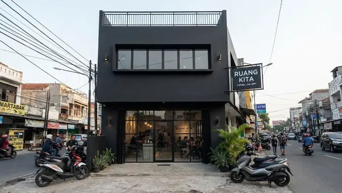 Desain ruko minimalis modern yang fungsional dan hemat biaya untuk usaha model monokrom hitam elegan Desain ruko minimalis modern yang fungsional dan hemat biaya untuk usaha model monokrom hitam elegan (AI generated)