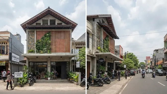 Desain ruko minimalis modern yang fungsional dan hemat biaya untuk usaha model tropis kontemporer adem alami Desain ruko minimalis modern yang fungsional dan hemat biaya untuk usaha model tropis kontemporer adem alami (AI Generated)
