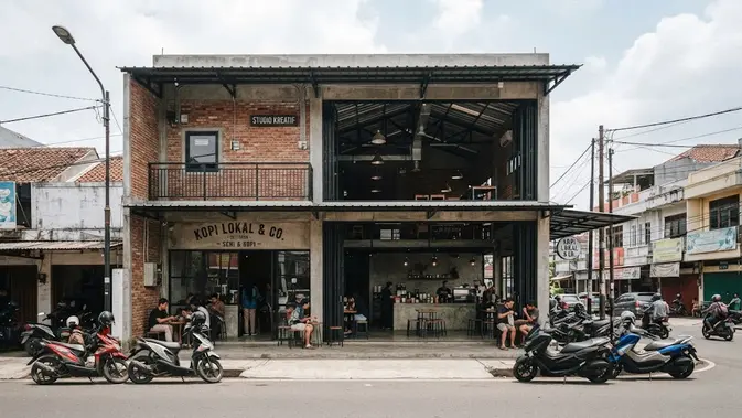 Desain ruko minimalis modern yang fungsional dan hemat biaya untuk usaha model industrial bata ekspos Desain ruko minimalis modern yang fungsional dan hemat biaya untuk usaha model industrial bata ekspos (AI generated)