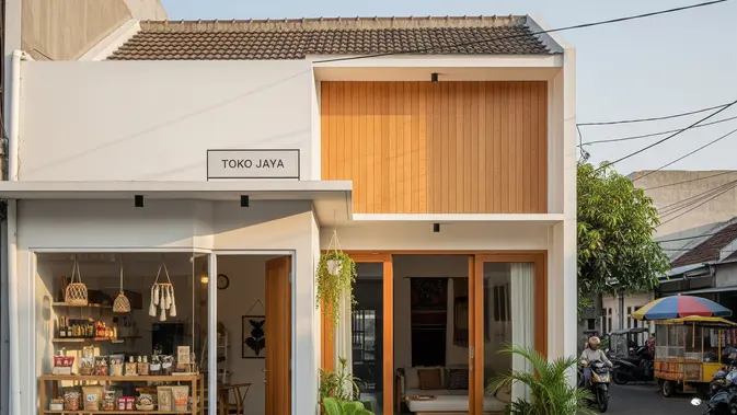 Rumah Minimalis dengan Ruko di Depan dan Hunian di Belakang Rumah Minimalis dengan Ruko di Depan dan Hunian di Belakang. AI Generated