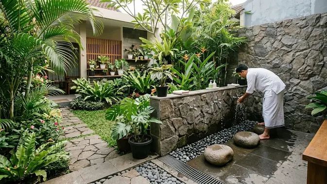 Model Tempat Wudhu Minimalis Dekat Taman. (AI Generated)