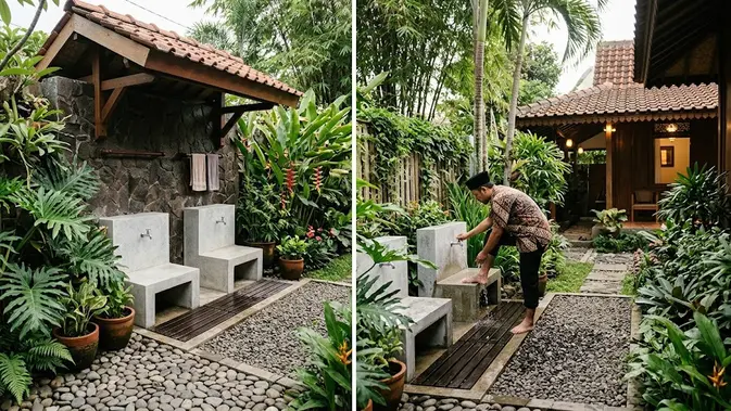 Model Tempat Wudhu Minimalis Dekat Taman. (AI Generated)