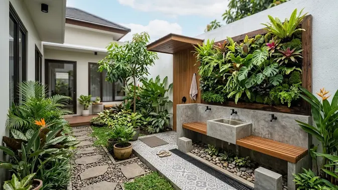 Model Tempat Wudhu Minimalis Dekat Taman. (AI Generated)