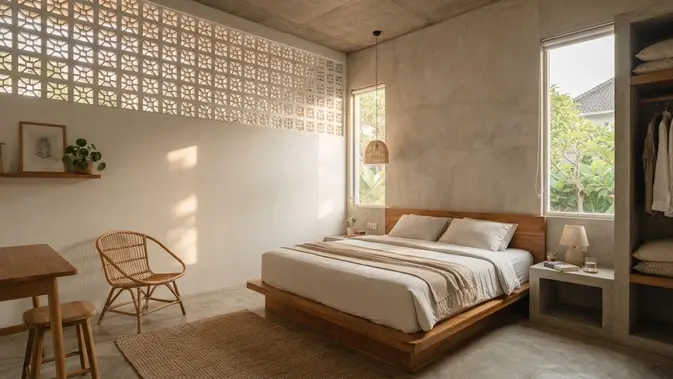 Roster minimalis untuk ventilasi kamar yang tetap terang dan terjaga privasinya model pola geometris dengan bukaan terbatas (AI generated)