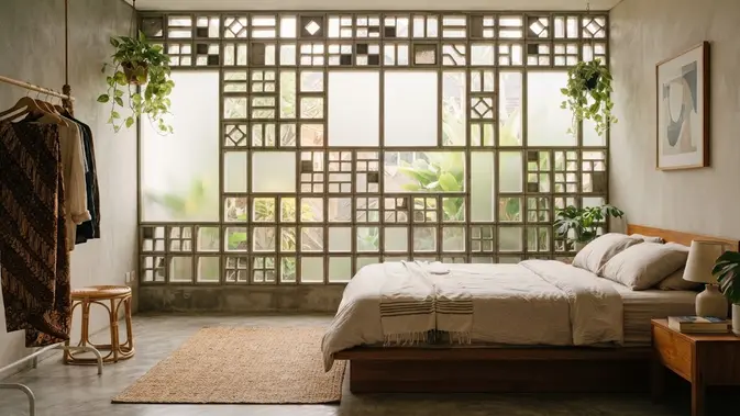 Roster minimalis untuk ventilasi kamar yang tetap terang dan terjaga privasinya model kombinasi dengan kaca buram untuk kamar tidur (AI generated)