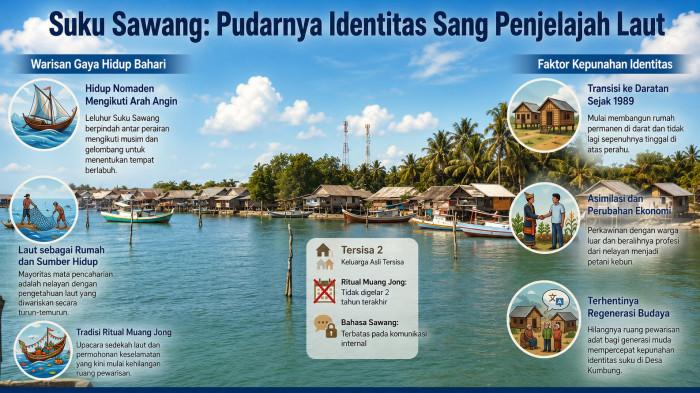 Grafis keberadaan warga Suku Sawang di Desa Kumbung Kecamatan Lepar Kabupaten Bangka Selatan Provinsi Kepulauan Bangka Belitung. Populasi warga Suku Sawang terus berkurang.
