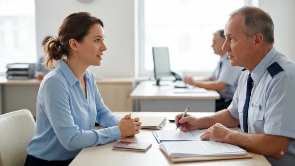 Young woman sitting at desk during visa interview with uniformed officer reviewing travel application documents attentively.