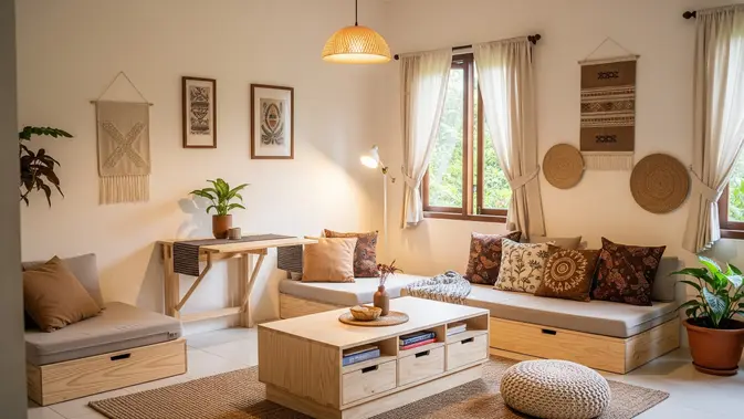 Desain Ruang Tamu Rumah Kampung Minimalis yang Nyaman Buat Nerima Tamu Model Pemanfaatan Furnitur Multifungsi/ Ilustrasi AI