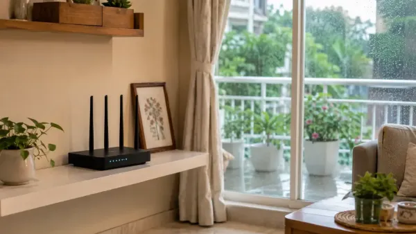 Woman using a laptop near a dual-band Wi-Fi router at home