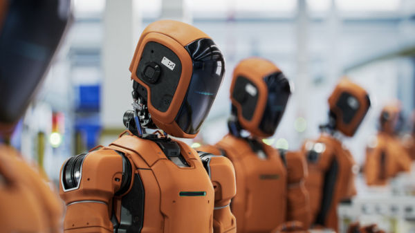 Row of humanoid robots. on an assembly line