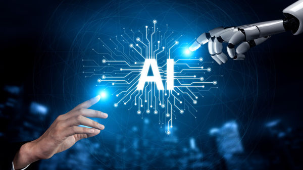 Image mirroring Creation of Adam, with human hand reaching to robot hand, and the word AI between them.
