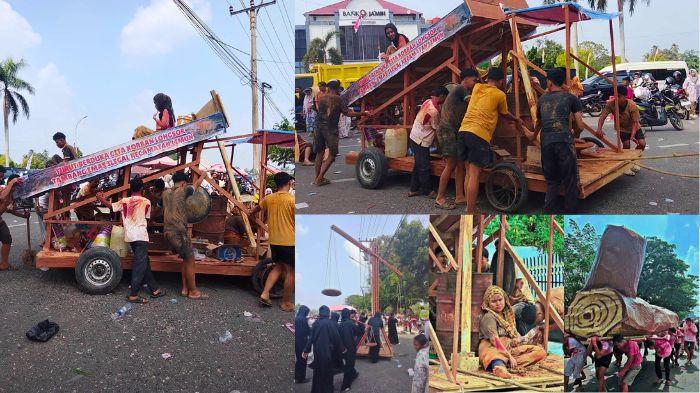 PERAGAKAN PETI - Kolase foto karnaval di Sarolangun Jambi. Kemeriahan pawai memperingati Hari Kemerdekaan Republik Indonesia di Kabupaten Sarolangun, Provinsi Jambi, diwarnai dengan aksi teatrikal yang sangat menyentuh dan sarat pesan moral. 