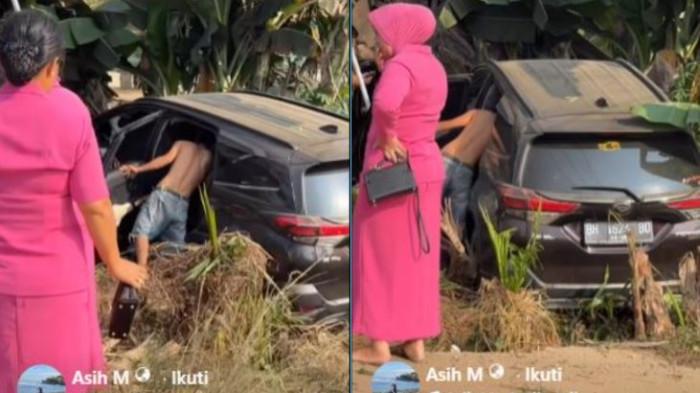 KECELAKAAN - Ibu-ibu Bhayangkari yang menumpang di sebuah mobil Toyota Rush kecelakaan di Jalan Lintas Desa Malapari, Kecamatan Muara Bulian, Kabupaten Batang Hari. Mobil berpelat nomor BH 1624 BD tersebut terperosok semak-semak, sebelah warung sayur pemukiman warga, tak jauh dari posisi Masjid Jami’ Al-Ikhlas.