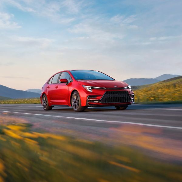 Red Toyota sedan with black grille driving on a road with mountains and flowers in the background.