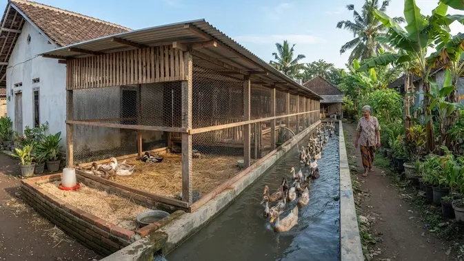 Model kandang bebek dengan area air mini yang bikin sehat dan produktif bertelur desain lorong panjang dengan kolam jalur air (AI generated)