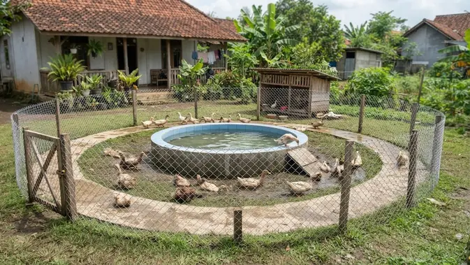 Model kandang bebek dengan area air mini yang bikin sehat dan produktif bertelur desain lingkaran minimalis kolam tengah (AI generated)
