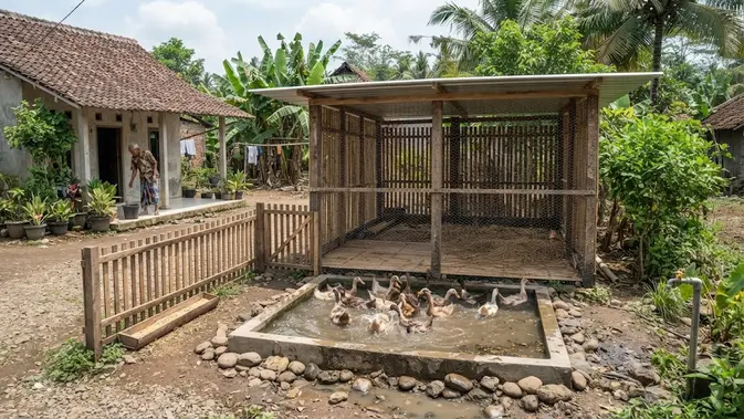 Model kandang bebek dengan area air mini yang bikin sehat dan produktif bertelur desain semi terbuka dengan beton (AI generated)