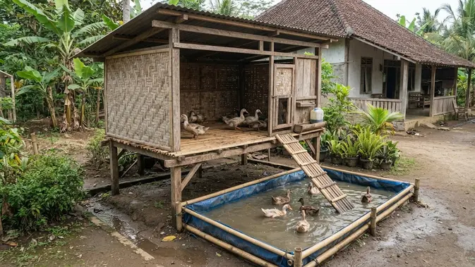 Model kandang bebek dengan area air mini yang bikin sehat dan produktif bertelur desain panggung bambu dengan kolam terpal plastik (AI generated)