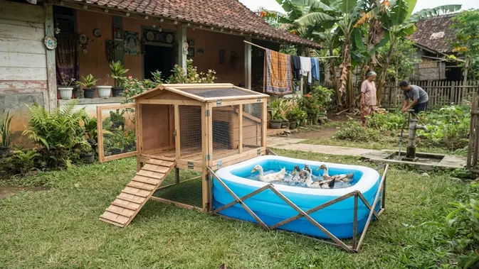 Model kandang bebek dengan area air mini yang bikin sehat dan produktif bertelur desain portabel lipat dengan kolam karet (AI generated)