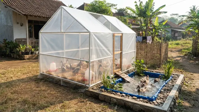 Model kandang bebek dengan area air mini yang bikin sehat dan produktif bertelur desain rumah kaca mini dengan kolam samping (AI generated)