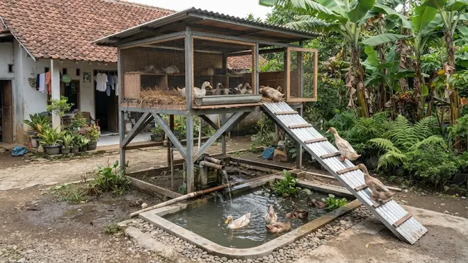 Model kandang bebek dengan area air mini yang bikin sehat dan produktif bertelur desain bertingkat efisien dengan kolam sirkulasi (AI generated)