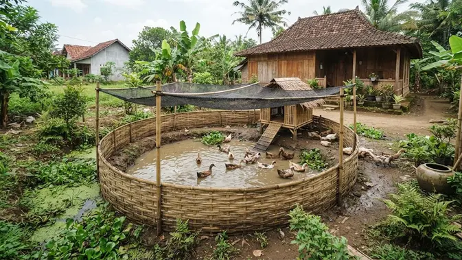 Model kandang bebek dengan area air mini yang bikin sehat dan produktif bertelur desain konsep alami berbasis lahan timbun dan kolam tanah (AI generated)