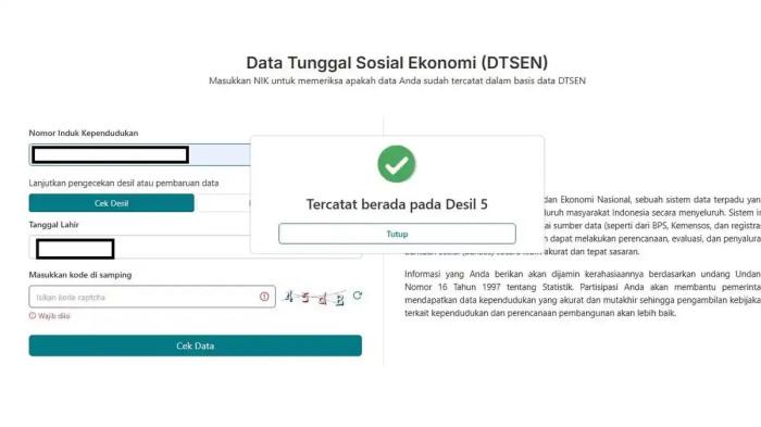 CEK DESIL - Tampilan hasil pengecekan desil melalui link resmi dari BPS, Kamis (13/8/2026). Inilah arti Desil 1 sampai 10 dalam DTSEN lengkap dengan cara mengeceknya melalui link resmi dari BPS dan Kemensos. 