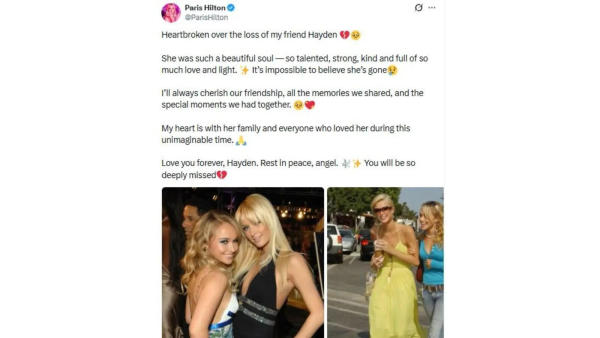 Paris Hilton has shared an emotional tribute to Hayden Panettiere following the actor’s death at the age of 36
