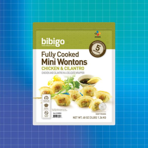 Package of Bibigo Fully Cooked Mini Wontons chicken and cilantro flavor on a blue background Credit: Costco. Getty Images. EatingWell design.