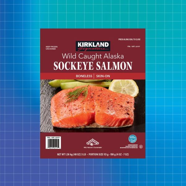 Package of Kirkland Wild Caught Alaska Sockeye Salmon Credit: Costco. Getty Images. EatingWell design.