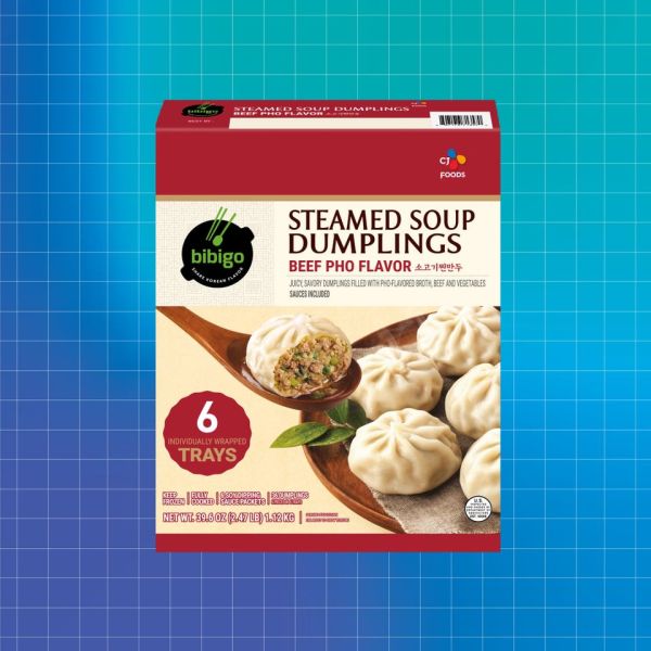 Package of Bibigo steamed soup dumplings beef pho flavor Credit: Costco. Getty Images. EatingWell design.