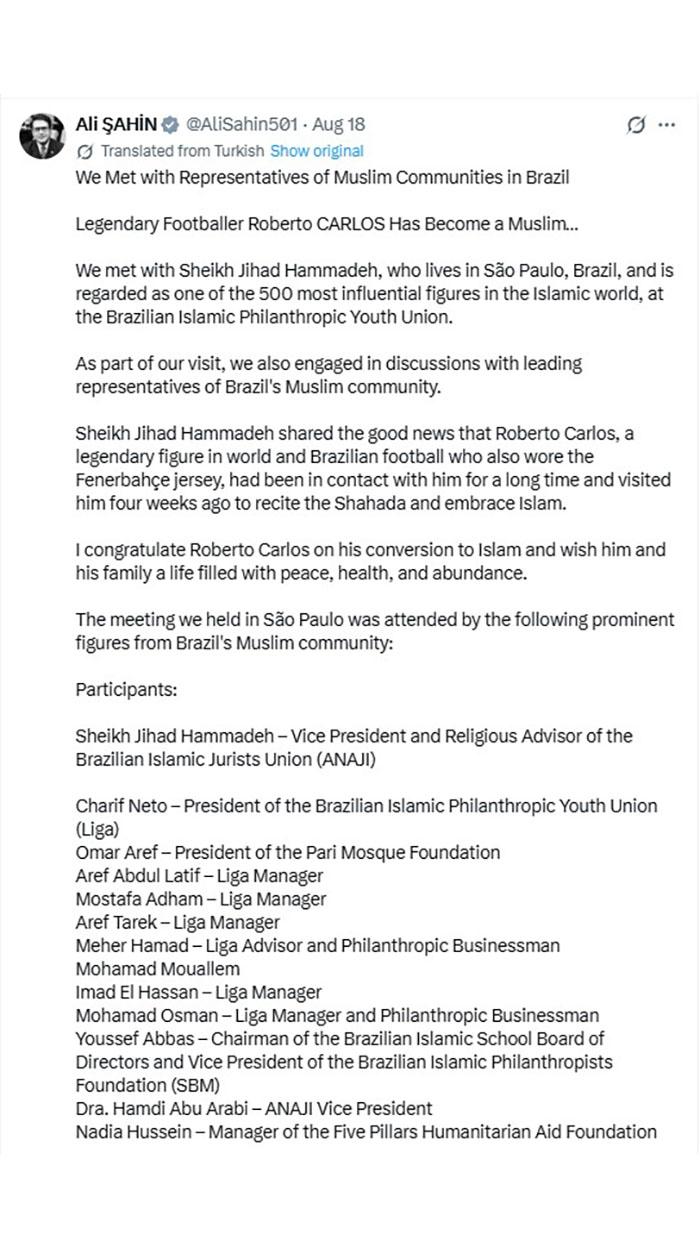 ROBERTO CARLOS - Postingan Ali Sahin di akun X miliknya menyebut legenda sepakbola asal Brasil, Roberto Carlos memeluk Islam. Postingan ini dipublish 18 Agustus 2026.