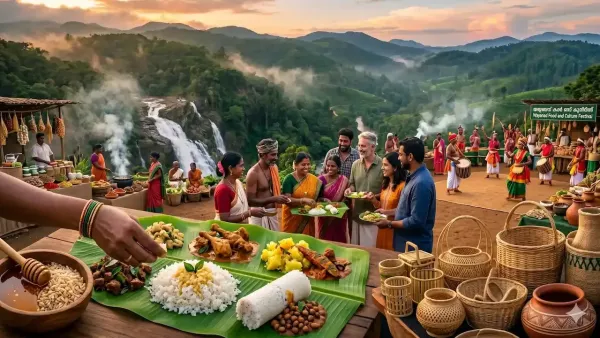 Traditional Kerala food served on a banana leaf at a Wayanad food festival with people and waterfalls behind.