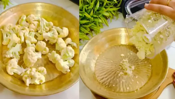 Fresh cauliflower florets arranged in a golden brass plate while chopped cauliflower is being poured from a processor.