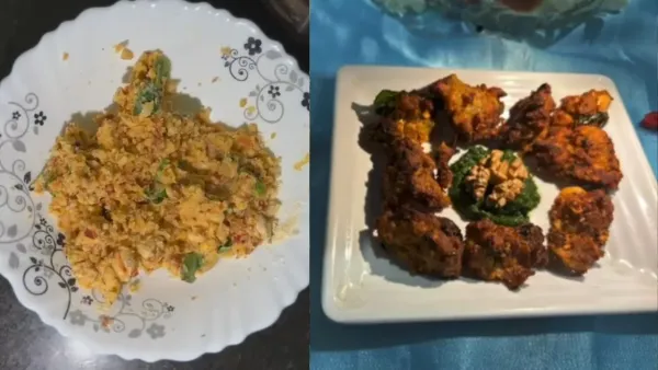 Freshly prepared dry fruits pakoda mix in a white floral plate next to fried golden fritters arranged with green chutney.