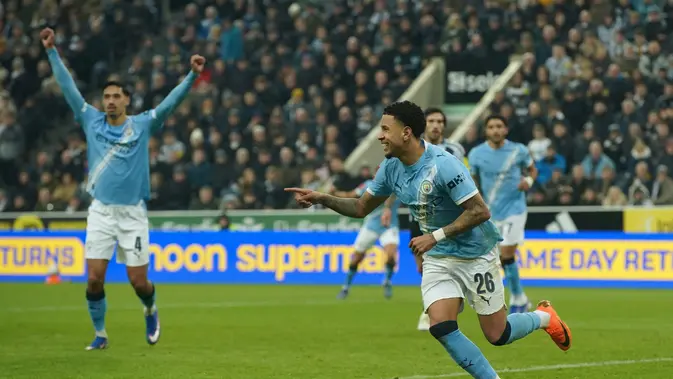 Selebrasi Savinho di laga Newcastle vs Manchester City di ronde kelima FA Cup di St James' Park, Minggu (08/03/2026) dini hari WIB. Selebrasi Savinho di laga Newcastle vs Manchester City di ronde kelima FA Cup di St James' Park, Minggu (08/03/2026) dini hari WIB. (AP Photo/Ian Hodgson)