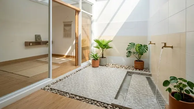Tempat Wudhu dengan Skylight Penuh dan Gaya Minimalis/ Model tempat wudhu dengan atap kaca agar terang di siang hari (AI generated)