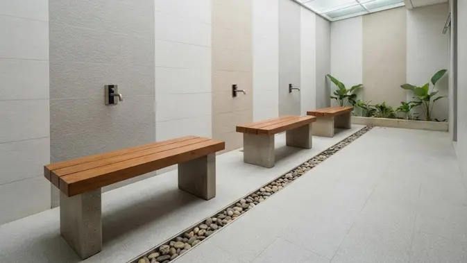 Tempat Wudhu Atap Kaca Buram untuk Menjaga Privasi/ Model tempat wudhu dengan atap kaca agar terang di siang hari (AI generated)